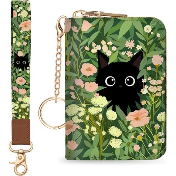 Accessories - Credit Card Holder for Women, Wristlet Black Cat Flower